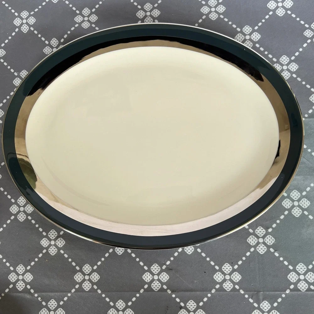 Flintridge China Oval Serving Platter Teal Green Silver Trim Made in USA 13.5in